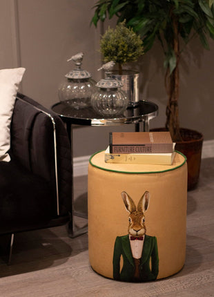 Okrągła pufa dekoracyjna, beżowa, motyw zająca