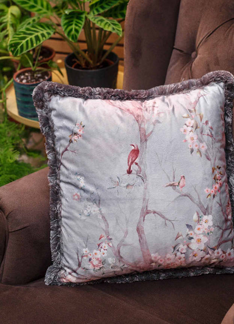 Poduszka dekoracyjna motyw ptaków, drzew