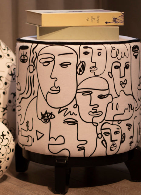 Okrągła pufa dekoracyjna, motyw sztuki