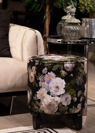 Okrągła pufa dekoracyjna, motyw kwiatowy - z nóżkami