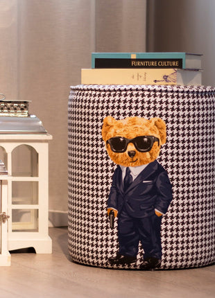 Okrągła pufa dekoracyjna w pepitkę z misiem