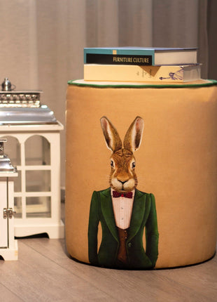 Okrągła pufa dekoracyjna, beżowa, motyw zająca