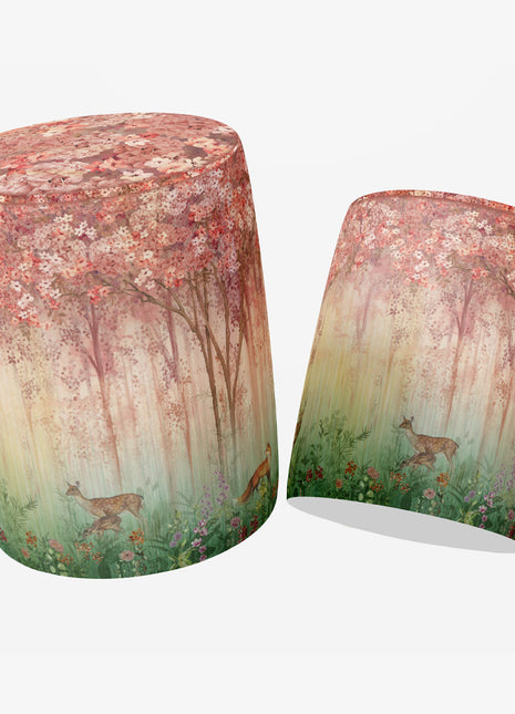 Okrągła pufa dekoracyjna, motyw drzew, jeleń