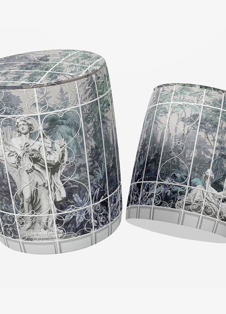 Okrągła pufa dekoracyjna, motyw sztuki, rzeźby