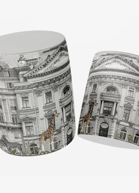 Okrągła pufa dekoracyjna, motyw budowli