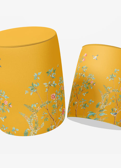 Okrągła pufa dekoracyjna, żółta, motyw kwiatowy