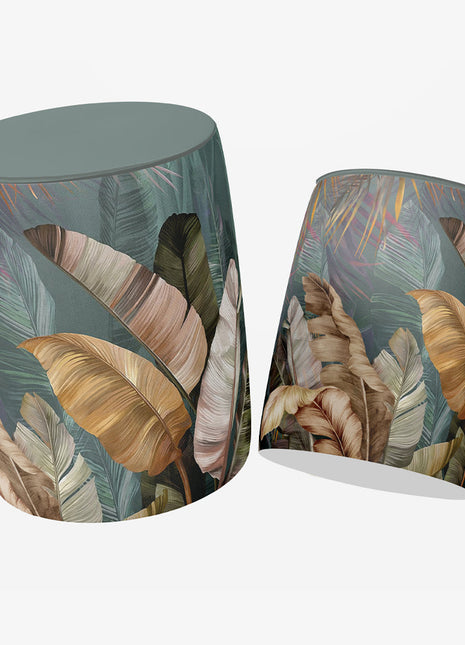 Okrągła pufa dekoracyjna, kolorowe liście tropikalne