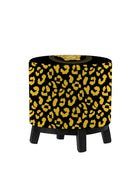 Okrągła pufa dekoracyjna czarna, w żółtą panterkę