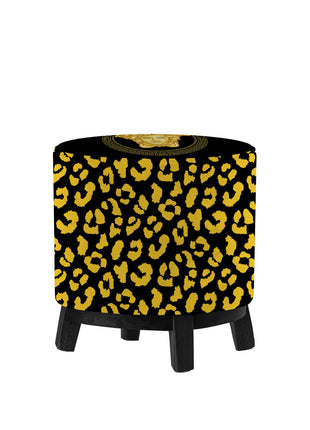 Okrągła pufa dekoracyjna czarna, w żółtą panterkę