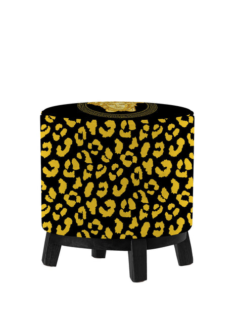 Okrągła pufa dekoracyjna czarna, w żółtą panterkę