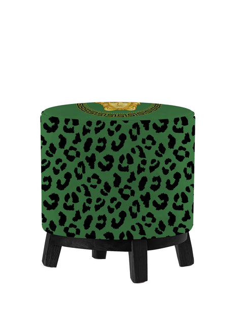 Okrągła pufa dekoracyjna, zielona w czarną panterkę