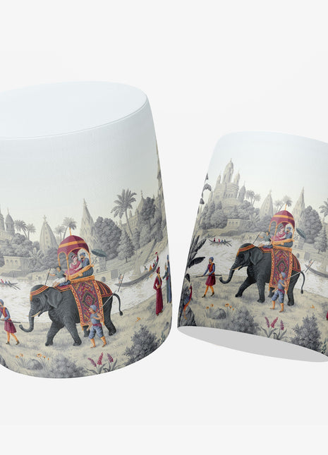 Okrągła pufa dekoracyjna, słoń, drzewa, budowle