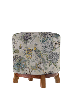 Okrągła pufa dekoracyjna, motyw kwiatów, ptaki