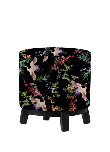 Okrągła pufa dekoracyjna, motyw kwiatów i ptaków