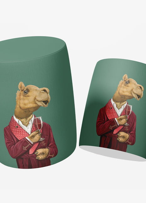 Okrągła pufa dekoracyjna, zielona, motyw wielbłąda