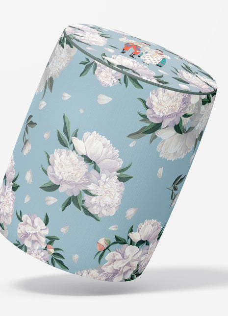 Okrągła pufa dekoracyjna, niebieska, motyw kwiatowy