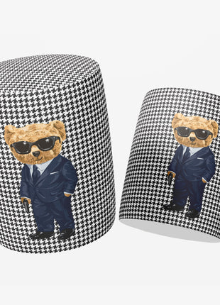 Okrągła pufa dekoracyjna w pepitkę z misiem