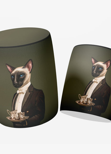 Okrągła pufa dekoracyjna, ciemnozielona, motyw kota