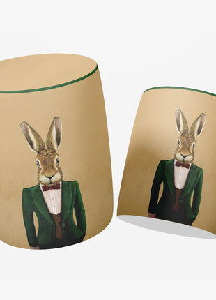 Okrągła pufa dekoracyjna, beżowa, motyw zająca