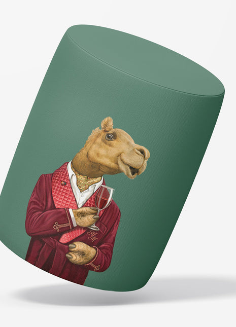 Okrągła pufa dekoracyjna, zielona, motyw wielbłąda