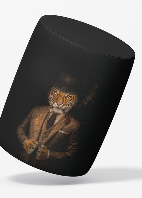 Okrągła pufa dekoracyjna, czarna, motyw tygrysa