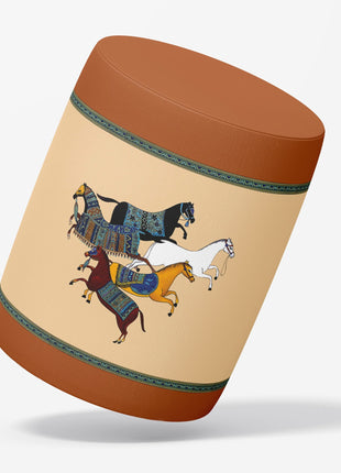 Okrągła pufa dekoracyjna, motyw koni