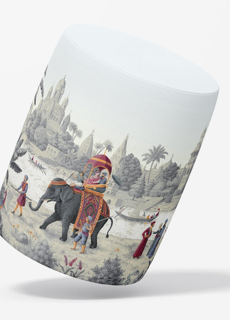 Okrągła pufa dekoracyjna, słoń, drzewa, budowle