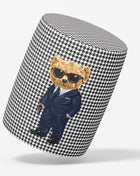 Okrągła pufa dekoracyjna w pepitkę z misiem