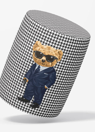 Okrągła pufa dekoracyjna w pepitkę z misiem