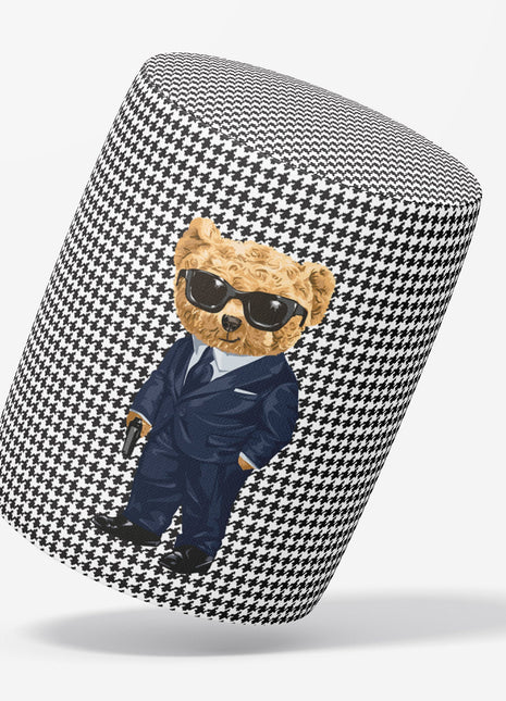 Okrągła pufa dekoracyjna w pepitkę z misiem