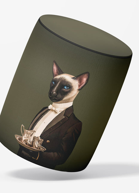 Okrągła pufa dekoracyjna, ciemnozielona, motyw kota