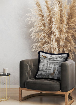 Decorative pillow, building, animals