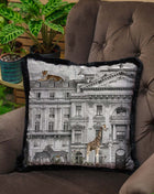 Decorative pillow, building, animals
