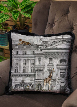 Decorative pillow, building, animals
