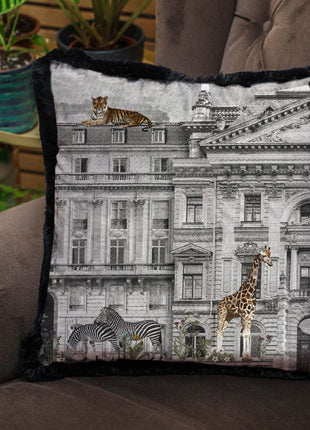 Decorative pillow, building, animals