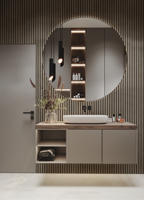 Beige and black PS grooved wall panel, wood imitation - APS101