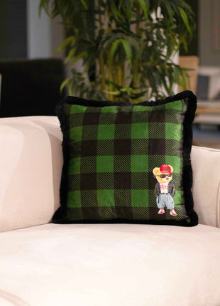 Checked decorative pillow with a teddy bear motif