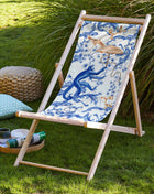 Deckchair, white and blue fabric, monkey motif