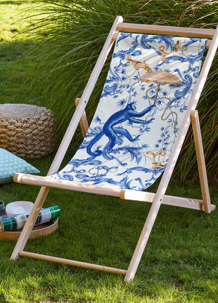 Deckchair, white and blue fabric, monkey motif