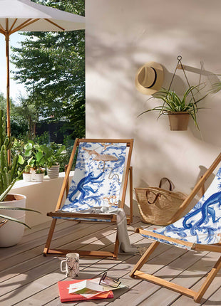 Deckchair, white and blue fabric, monkey motif