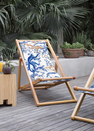 Deckchair, white and blue fabric, monkey motif