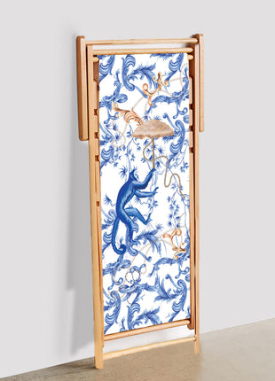 Deckchair, white and blue fabric, monkey motif